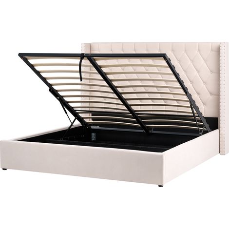 Cama con almacenaje cabecero de terciopelo blanco crema 180 x 200 cm Lubbon
