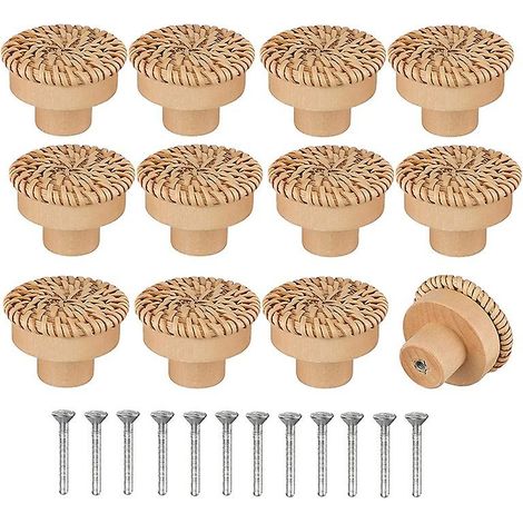 Lot de 12 poignées rondes en rotin pour commode, style bohème, faites main (1/5)