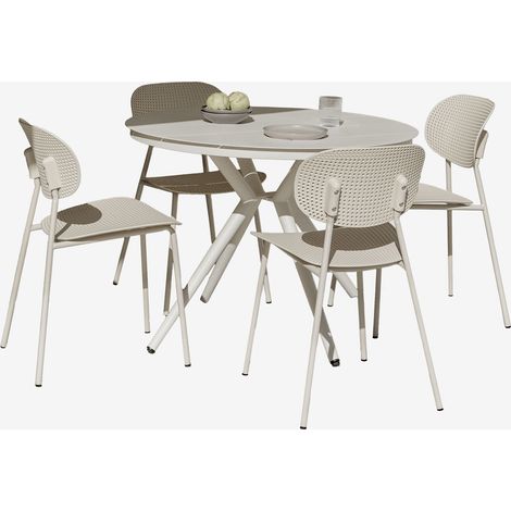SKLUM Rundes Valerie-Tischset aus Aluminium (Ø100 cm) und 4 Tupah-Gartenstühle Beige Tapioca