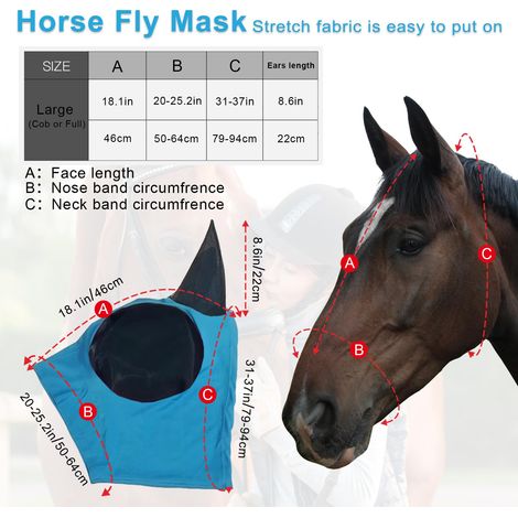 3 masques anti-mouches pour chevaux avec oreilles, en tissu extensible tendance et respirant avec protection UV et solaire pour chevaux de taille moyenne (bleu-noir-gris)