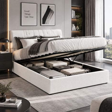 Lit coffre 160x200 cm avec sommier, lit double adulte capitonné en tissu blanc, tête de lit réglable en hauteur avec ports USB-C et USB, rangement hydraulique, cadre de lit moderne