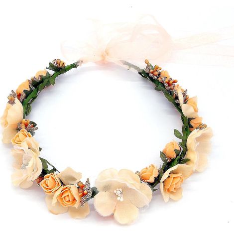 Couronne de fleurs artificielles avec ruban, faite main, bandeau, guirlande de fleurs, couronne pour cheveux, rose (1/4)