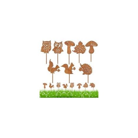 Dog's Booty Lot de 8 piquets de jardin en métal rouillé - Décoration d'automne - Hibou - Hérisson - Écureuil - Champignon - Décoration de jardin pour pots de fleurs, balcon, cour, clôture, pelouse