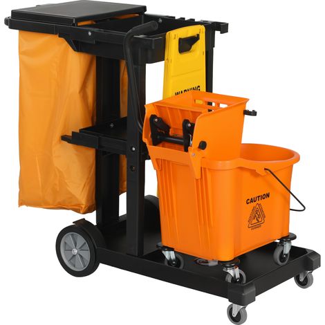 Chariot de nettoyage : roues, 3 étagères, sac de 70 l, seau avec essoreuse.