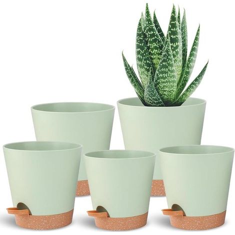 Selbstbewässernde Pflanzgefäße – Blumentöpfe für Zimmerpflanzen – Pflanzenpflege – Integrierter Wasserstand – 5 Stück, 12,5–17,5 cm – Grün (1/5)