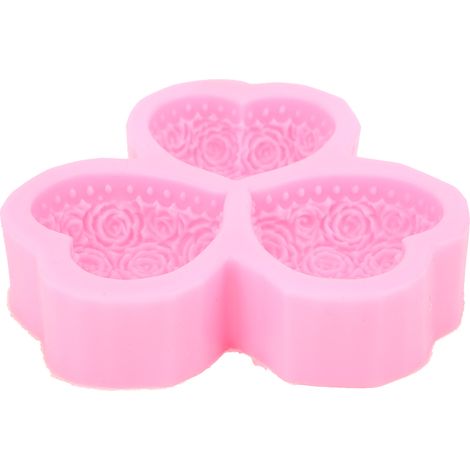 Moule en silicone à 3 cavités en forme de cœur et de rose pour savon, fondant, gâteau et chocolat - Outil de pâtisserie DIY (1/5)