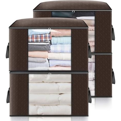 Lot de 4 sacs de rangement à glisser sous le lit, grands sacs de rangement pour couettes, couvertures, oreillers, jouets, vêtements, vestes, 60 x 43 x 35 cm (marron) (1/5)