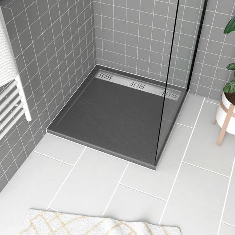 Piatto doccia in acrilico Grigio Effetto Pietra 80x80x4 cm - Griglia Lineare Cromata - METEORA