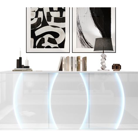 Sideboard Weiß Hochglanz 150 cm mit LED Beleuchtung, Moderner Wohnzimmerschrank 3 Türen, Freistehende Kommode für Wohnzimmer Aufbewahrung