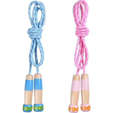 Lot de 2 cordes à sauter pour enfants, 2,5 mètres (7 pieds), réglables, avec poignées en bois, convenant aux filles ou aux garçons. (1/5)