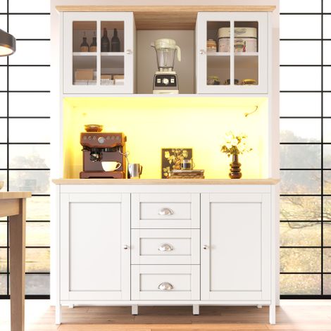 Buffet Haut Blanc 120×40×179cm LED Pilotable App, 4 Portes 3 Tiroirs Etagère Ouverte, Gestion de Câbles, Meuble Rangement Cuisine Poignées Argent (1/5)