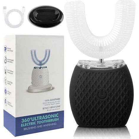 Brosse à Dents Ultrasonique Automatique, Brosse à Dents Électrique avec Nettoyage 360°, Design en U, 4 Modes, Brosse Blanchissante avec Minuteur, Pour Adultes, Nettoyage en Profondeur (Noir) (1/5)