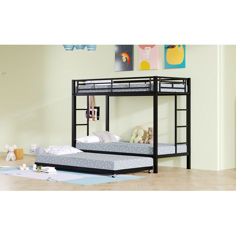 Lit superposé 90x200 cm, cadre en acier robuste, meuble enfant avec couchage escamotable, garde-corps renforcés, norme EN747, noir élégant. (1/5)