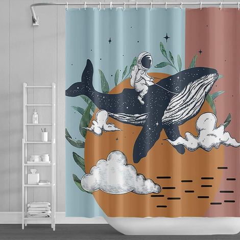 175x190cm Astronaute Baleine Rideau de Douche Dessin animé Mignon Astronaute Mer Animal Rideau de Bain Abstrait Cercle Carré Rideau de Baignoire Étanche pour Salle de Bain avec Crochets (1/5)