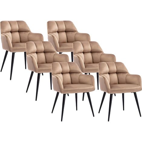 Vente-Unique – Lot de 6 chaises avec accoudoirs – Velours 100% polyester – Piètement métal – Beige – Confort optimal pour repas et travail (1/5)