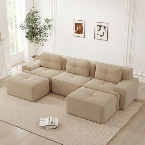 Canapé modular en pana beige con otomana, asiento profundo de 74 cm, sin montaje (1/5)