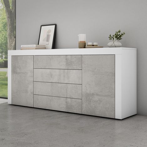 Mai & Mai Sideboard Aufbewahrungsschrank BTH: 167x36x70 cm mit 2 Schränken und 4 Schubladen in Weiß matt + Beton Kommode Mehrzweckschrank Möbel Schrank03 (1/5)