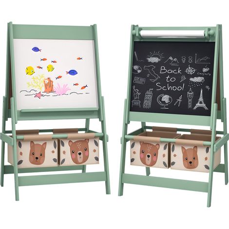 Chevalet 3 en 1 pour enfants, chevalet double face avec rouleau de papier, tableau noir et 2 paniers, 54 x 46,5 x 93 cm, vert (1/5)
