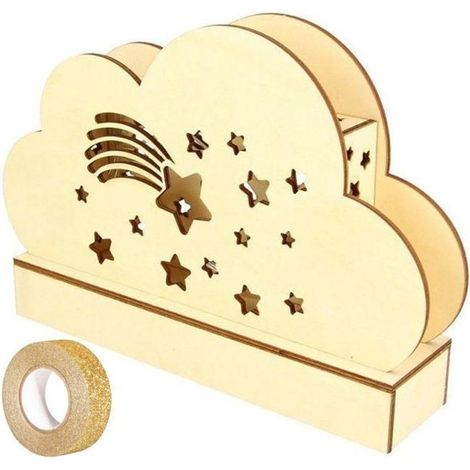 Lampe Nuage bois à décorer 25 x 13,7 cm + masking tape doré à paillettes 5 m (1/2)