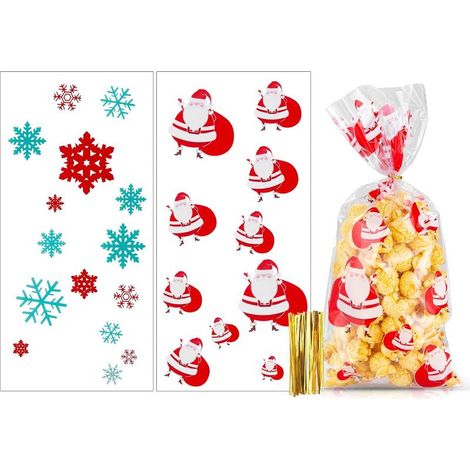 100pcs Noël Sacs à Biscuits Bonbons Clair Auto-Adhésif Père Noël Sacs à Cadeaux de Rescellable pour La Fête d'Noël (1/5)