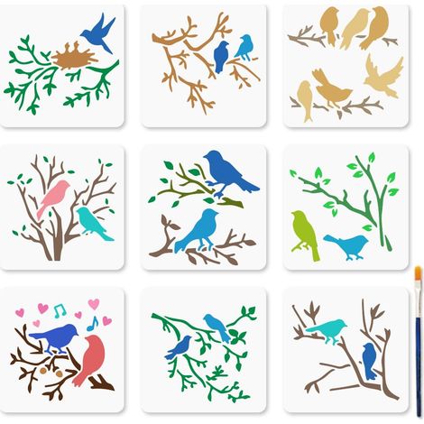 9 Pochoirs d'oiseaux Branches Pochoirs de Brindilles Nids avec pinceau 15×15cm Oiseaux Animaux Réutilisable Modèle de Peinture pour Artisanat sur Fenêtre Bois Mur Décoration (1/5)