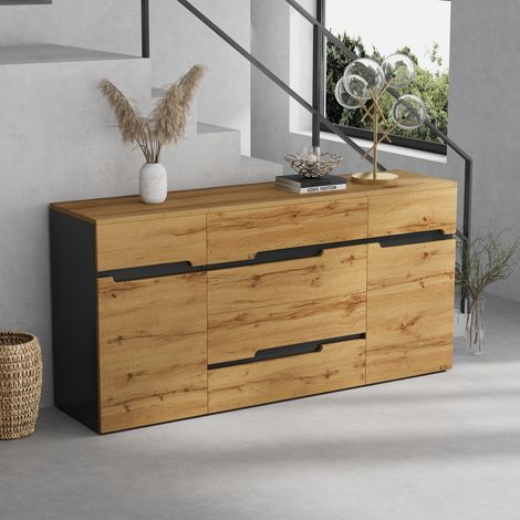 Buffet 160 x 40 x 80 cm - Avec 2 portes et 4 tiroirs - Finition bois - Panneaux de particules - Naturel + Noir (1/5)