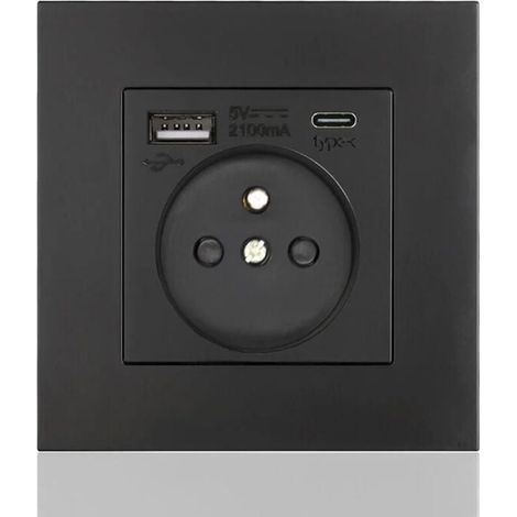Panel de enchufes tipo 86 francés Type-C+USB16A, número de enchufes: 2 orificios, número de puertos USB: 1, número de puertos Type-C: 1, seguro y firme (cuadrado negro) (1/5)