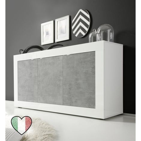 Credenza moderna bassa da soggiorno 3 Ante Bianco laccato lucido-Cemento - Basic (1/3)