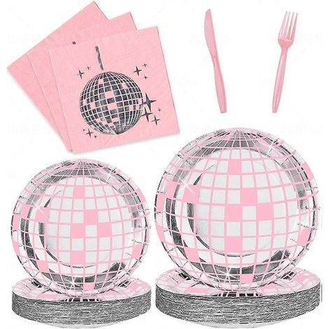Articles de fête disco : assiettes, serviettes, nappes, décorations roses pour une fête d’anniversaire disco, thème rose années 70. (1/5)