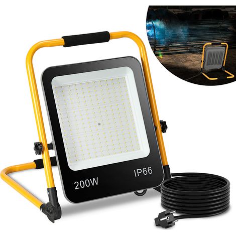 Randaco LED-Baustrahler, IP66 Außenstrahler, 120° Abstrahlwinkel, 200W LED Fluter mit Stativ, 6000K Kaltweiß Arbeitslampe