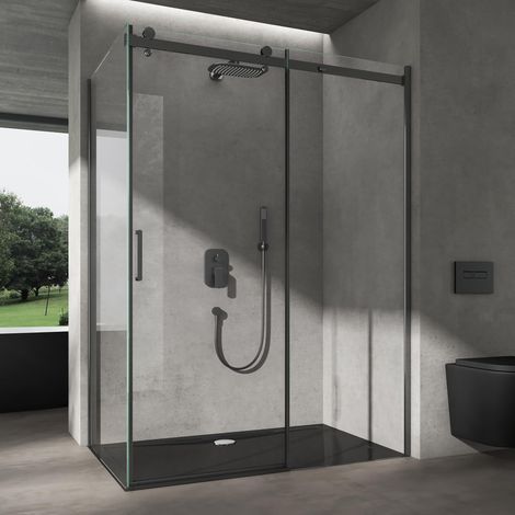 doporro Duschkabine mit Schiebetür Eckdusche 100x140x195cm Duschabtrennung Schwarz 8mm ESG-Sicherheitsglas Klarglas mit schwarzer Duschtasse inkl.Nano-Beschichtung Ravenna19