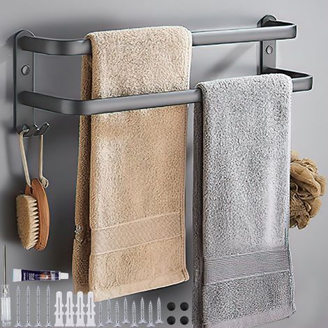Porte Serviette Salle de Bain sans Perçage en Aluminium Double Porte-Serviettes Deux Options de Montage Porte-Serviettes Mural pour Salle de Bain Cuisine Gris, 40cm (1/5)