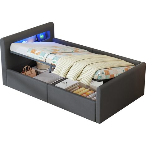 Cama Infantil 90 x 200 cm de Terciopelo con LED, Luz Nocturna, USB y Arcón, sin Colchón, Gris (1/5)