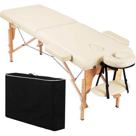 Homevive Camilla Masaje Portátil de 2 Zonas Plegable Camilla Estética de Madera de Haya Capacidad 250 kg para Fisioterapia Altura Ajustable Apoyacabezas Desmontables 213 x 60cm Crema