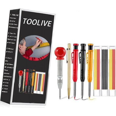 Lot de 8 crayons de charpentier solides Crayon, Marqueur, Craie avec poinçon central, outil de traçage au carbure pour marqueur de trou profond- (1/5)