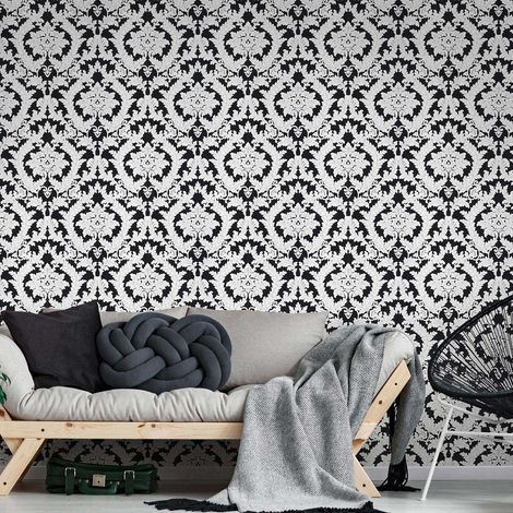 Papier peint baroque élégant noir & blanc | Tapisserie intissée baroque chambre adulte | Papier peint damassé salon & couloir (1/2)