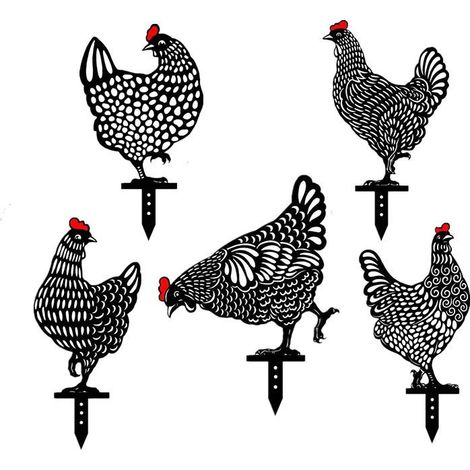 Piquet Poule - Décoration Jardin Extérieur en Fer Revêtu Poudre - Silhouette Réaliste avec Détails Plumes et Bec - Lot de 5