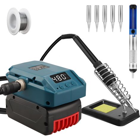 Kit de fer à souder sans fil pour système 18 V, batterie GBA, LCD 60 W, température réglable de 180 à 480 °C, avec interrupteur marche/arrêt, tige d'aspiration, fil à souder 50 g (1/5)