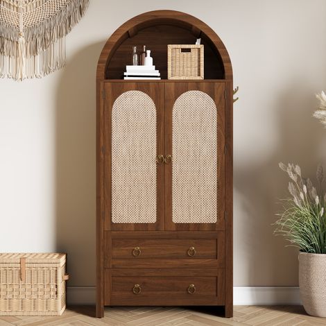 Sideboard 80x40x180 cm Nussbaum aus MDF mit Rattangeflecht, Schubladen und Seitenhaken (1/5)