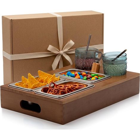 Plateau de canapé – Trois bols pour chips et collations – Porte-gobelet – Plateau avec étagère en bois (bambou) comme majordome pour canapé ou lit – Organisateur Bar Accessoires (1/5)