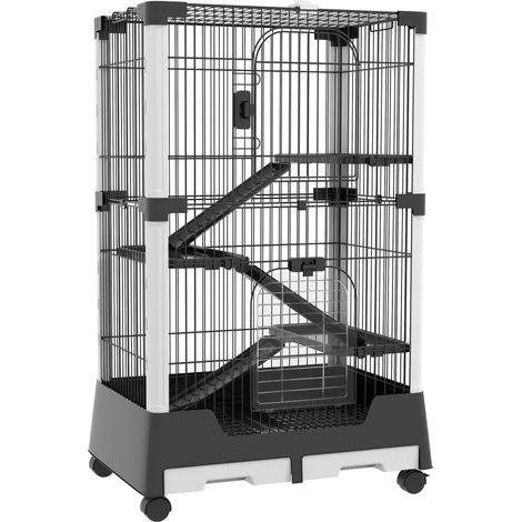 Gabbia piccoli animali con ruote, 114x75x50 cm, 3 piattaforme, 3 rampe, vassoio rimovibile