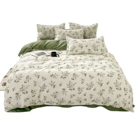 Parure de lit 2 personnes 4 pièces en coton motif jardin vert doux 180×200 cm (1/5)