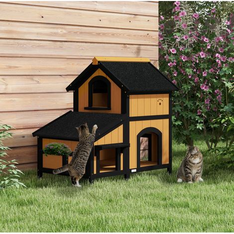 Maison pour chat d’extérieur surélevée à 2 étages avec toit bitumé, balconnière, plusieurs entrées, pour 7 kg, jaune, pour jardin et terrasse - CHICFURN (1/5)