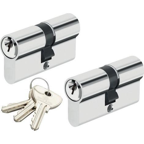 Cylindre de serrure double 30 x 30 mm – Paire de cylindres de sécurité s'entrouvrant – 3 clés – Laiton nickelé – Fabrication française