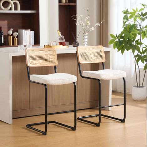 Sgabello da bar con schienale in rattan, seduta in ciniglia, struttura in metallo, avorio (1/5)
