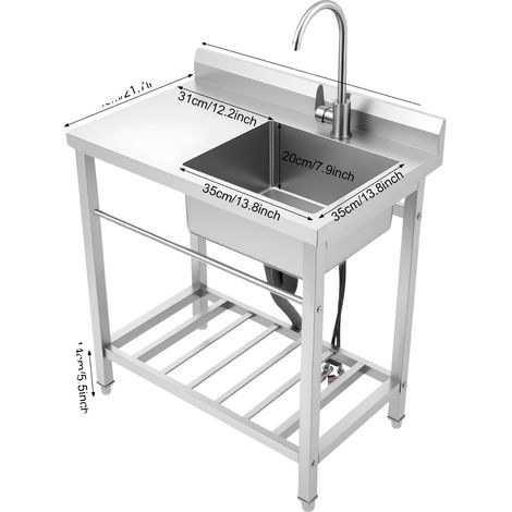 Évier de cuisine, autoportant, construction en acier inoxydable, Argent (1/2)