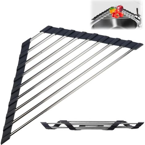 Triangular Foldable Silicone Stainless Steel Cutlery Drainer Triangular Dish Drainer Roll Up Kitchen Sink Corner Space Saving (1/5)