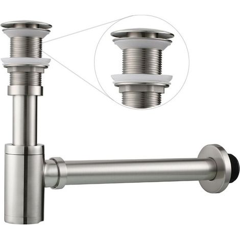 Ensemble complet de siphon en P pour lavabo de salle de bain, siphon réglable de 3,8 cm, kit de vidange d'évier en laiton massif, tube et bouchon de vidange escamotable sans trop-plein, nickel brossé (1/4)