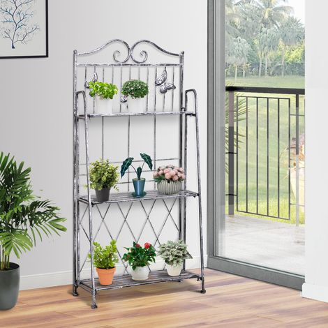 Supporto per piante pieghevole a 3 livelli Outsunny per uso esterno come balcone, terrazzo o giardino, scaffale per fiori in metallo, supporto per fiori, scala per fiori, mensola da giardino, grigio a