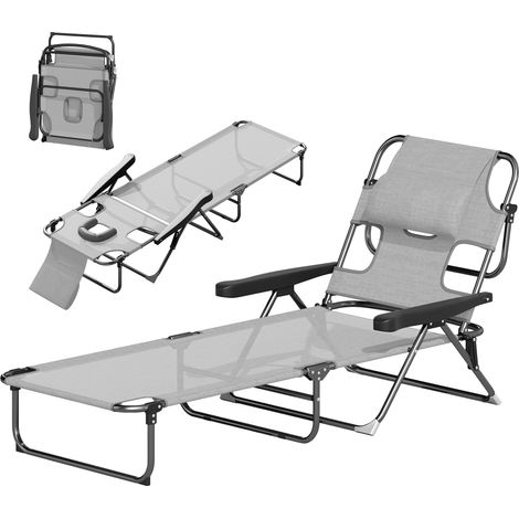 Klappbare Gartenliege, 4-fach verstellbare Rückenlehne, Leseöffnung und Kopfstütze, 72 x 194 x 89 cm, Grau
